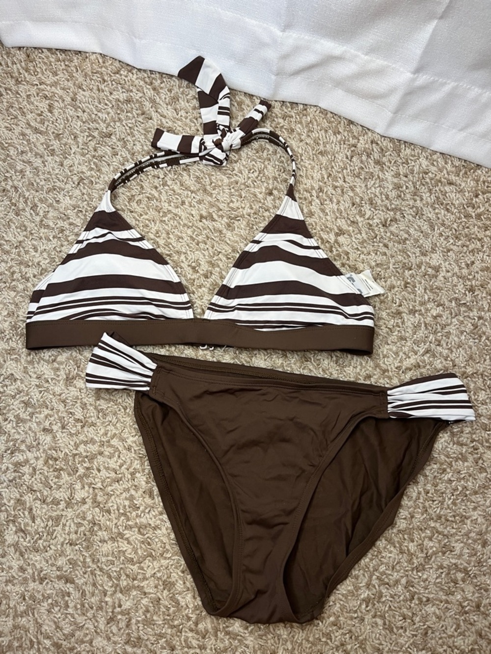 Vintage Jag Jeans Brown & White Striped Triangle Bikini Set - Size Medium